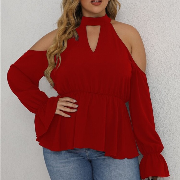 Boho Plus Size Off Shoulder Halter Neck Cut Out Flounce Peplum Top Blouse RED - Picture 3 of 16